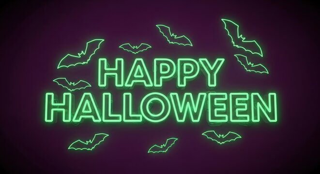 Spooky happy halloween with bats neon glow for festive invitations, party decorations, and seasonal promotions for holidays - Powered by Adobe