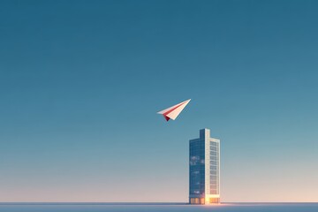 Isolated modern office building with a paper plane icon, symbolizing communication, ideas, and startup culture.