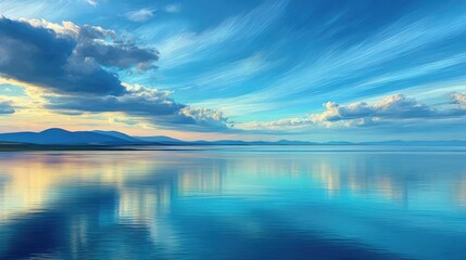 Fototapeta premium Abstract coastal scene with blue sky and sea concept. Serene landscape with calm waters and vibrant blue sky.