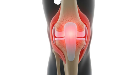 Anatomical view of a human knee joint showing inflammation and pain with detailed bone structure