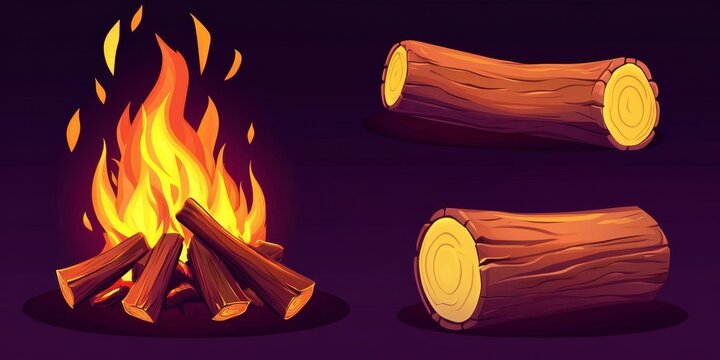 Pixel Art Campfire With Burning Logs And Logs On Dark Background