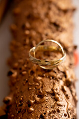 Gold Wedding Rings on Copper Background &ndash; Copper Anniversary. Artistic close-up of gold wedding rings on a warm copper-toned background 