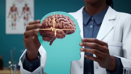 Doctor Wearing White Coat Holding Anatomical Brain Model with EKG Overlay in Medical Setting Displaying Neuroscience Research Diagnostic Tool and Mental Health Awareness Promotion - Powered by Adobe
