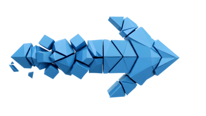 Abstract blue arrow disintegrating into geometric shapes isolated on transparent background