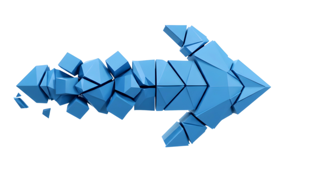 Abstract blue arrow disintegrating into geometric shapes isolated on transparent background - Powered by Adobe