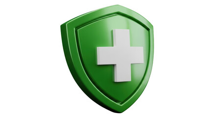 Green shield with white cross symbol representing health safety security protection and care