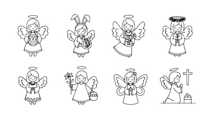 Collection of eight adorable cartoon angel characters in simple line art style vector