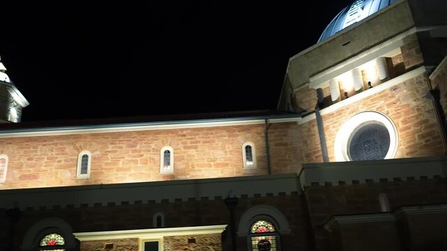 Illuminated historic church in Geraldton shining against the night sky in Western Australia