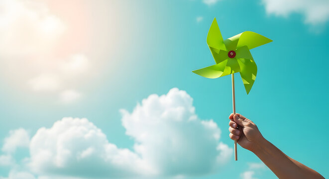 ESG and Clean Energy Concept. Hand Raise up a Wind Turbine Paper into the Sky. Decrease Carbon and Produce a Green Power. World Earth Day, Sustainable Resources, Environmental Care