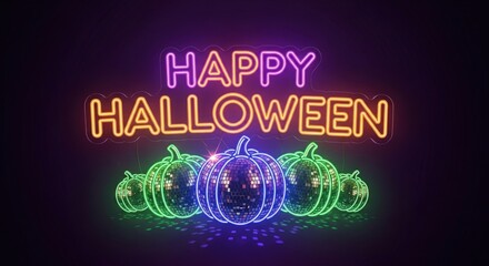 Get ready to glow this Halloween with these vibrant disco pumpkins and neon 'Happy Halloween' sign for your spooky season designs