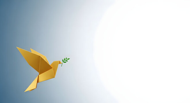 Peace and New Beginnings oPeace and New Beginnings of Hope. A white dove Flying over the Blue background Holds an Olive Branch. World International Peace Day. brings Peaceful to the World