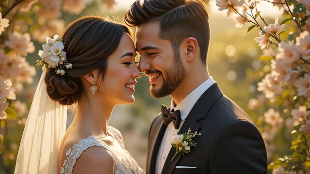 Happy bride and groom in wedding attire smiling in romantic sunset park, love and celebration atmosphere
