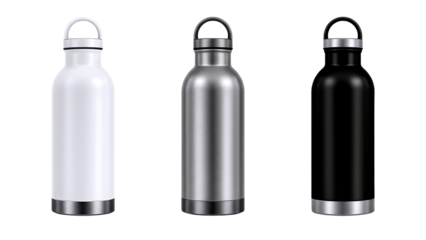 Three reusable water bottles in white silver and black isolated on transparent background