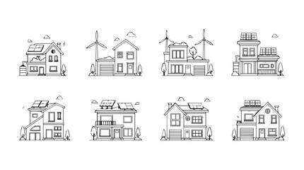 Fototapeta premium Collection of diverse eco-friendly house sketches with wind turbines and solar panels for sustainable living vector