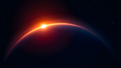 Fototapeta premium Brilliant sunrise or sunset over distant horizon with cosmic glow and light flare