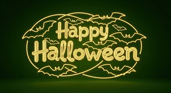 Get ready for spooky season with this glowing Happy Halloween neon sign, perfect for party decor or festive announcements - Powered by Adobe