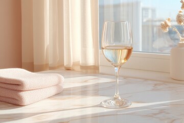 Elegant Wine Glass on Marble Table with Soft Lighting in Interior Setting