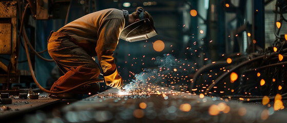 Industrious Welder Crouches Amidst a Shower of Golden Sparks and Rising Smoke