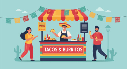Adobe illustrator artwork vector illustration: People enjoy delicious tacos at a vibrant Mexican street food stall with festive decorations, perfect for illustrating cultural cuisine, celebrations
