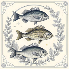 Obraz premium engraving vintage hand drawn fishes collection