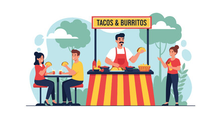 Adobe illustrator artwork vector illustration: People enjoy delicious tacos at a vibrant Mexican street food stall with festive decorations, perfect for illustrating cultural cuisine, celebrations