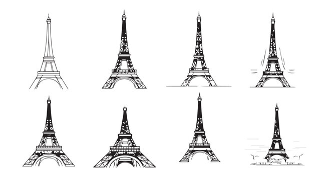 Collection of eiffel tower sketches various artistic styles iconic paris landmark illustrations vector