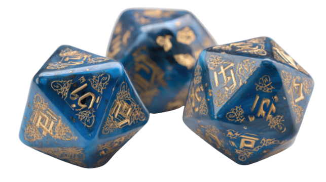 The image displays three polyhedral dice, commonly used in tabletop role-playing games on white background 