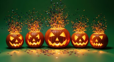 Spooky Halloween pumpkins with festive confetti, perfect for holiday promotions and seasonal event announcements on social media