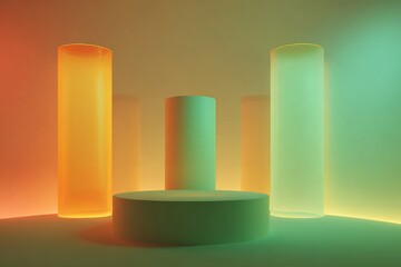 Modern, vibrant display featuring four translucent cylindrical forms, and a circular pedestal, bathed in a soft gradient of warm and cool hues.