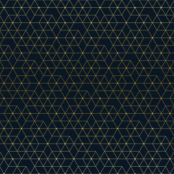 Elegant geometric gold pattern with hexagonal and triangular lines and dots on dark background