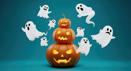 Spooky Halloween fun with carved pumpkins stacked high surrounded by friendly ghosts against a vibrant teal backdrop, perfect for parties