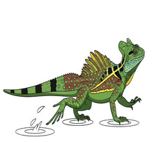 A vibrant illustration of a green basilisk lizard running across water, creating splashes.