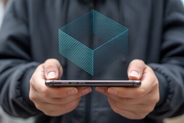 Hands holding a smartphone displaying a holographic cube technology concept for augmented reality and virtual interfaces isolated on a blurred background