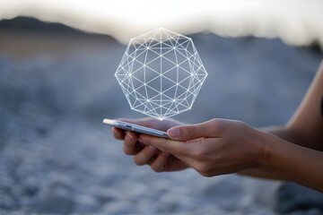 Woman holding a smartphone with a geometric shape hovering above representing technology data and connectivity for use in digital art and abstract concepts
