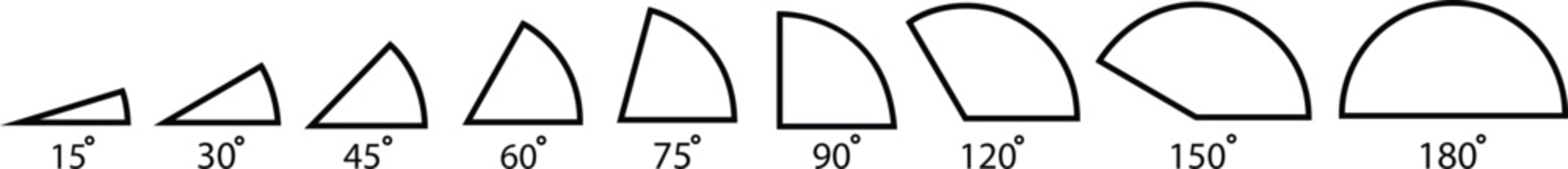 Angle outline icon set. 15, 30, 45, 60, 75, 90, 120, 150, 180 degree measure. Math geometric design elements. Technical architect vectors. Trigonometry template. Degree of arc, pie chart illustration.