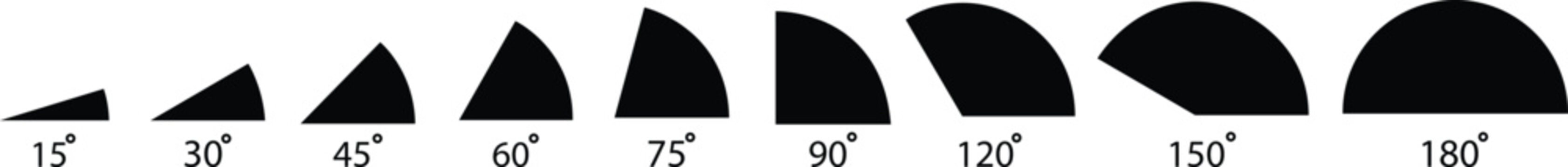 Angle flat icon set. 15, 30, 45, 60, 75, 90, 120, 150, 180 degree measure. Math geometric design elements. Technical architect vectors. Trigonometry template. Degree of arc and pie chart illustration.
