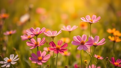 Fototapeta premium A field of bright cosmos flowers bathed in warm sunlight, creating a dreamy and vibrant scene.