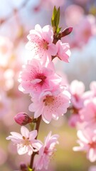 Obraz premium Delicate pink blossoms on a branch, bathed in soft sunlight