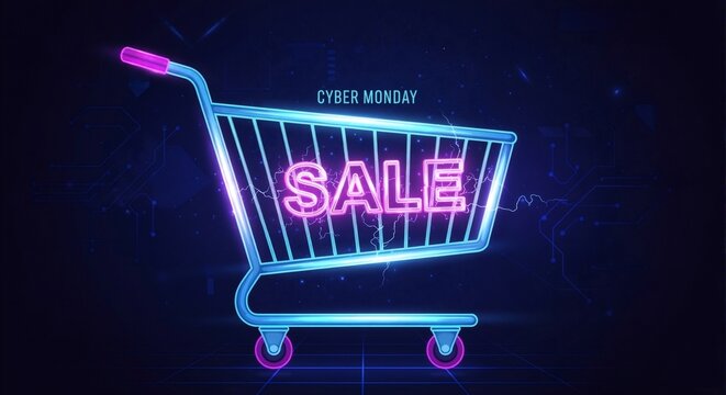 Glowing neon shopping cart for Cyber Monday sale. Futuristic digital banner for e-commerce and online retail promotion. Abstract technology background. - Powered by Adobe