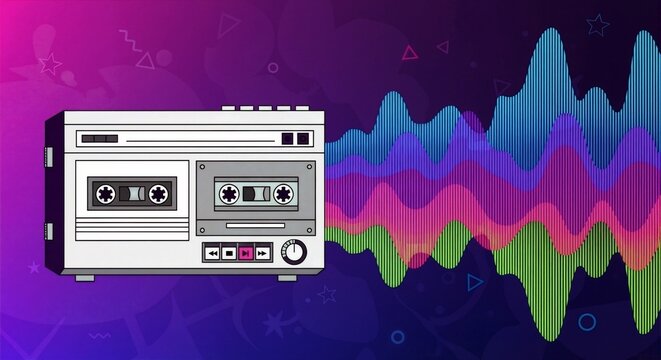 Retro cassette player with a colorful audio waveform. Vintage 80s music and sound concept illustration on an abstract background - Powered by Adobe