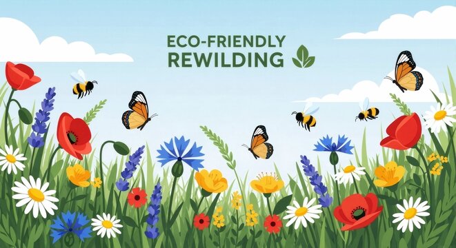 Eco-friendly rewilding concept with a wildflower meadow. Bees and butterflies pollinating colorful flowers. Nature conservation and biodiversity vector illustration