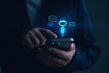 Artificial intelligence chatbot on mobile phone screen,person using virtual assistant with futuristic UI,conversation bubbles,ai support app,smart communication concept