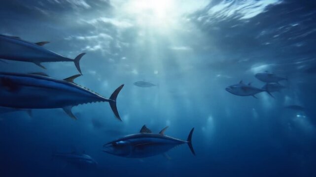 School of tuna swimming underwater in sunlight