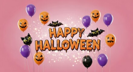 Spooky Halloween celebration with festive balloons and sparkling confetti on pink backdrop, perfect for party invitations or social media promotions