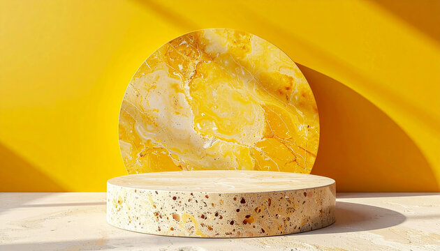 Travertine stone round podium, yellow backdrop. Empty pedestal for product presentation. Mock-up