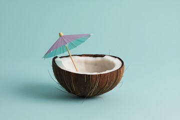 Coconut Half with a Mini Umbrella Floating on a Light Blue Background, Perfect for Summer Vacation and Tropical Getaway Concepts