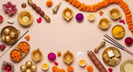 Diwali pooja thali and festive decorations