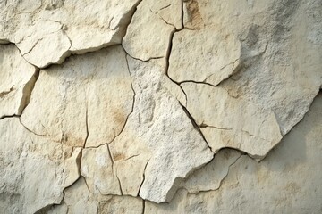 Fototapeta premium Close-up view of a cracked, light beige surface, showcasing intricate patterns of fissures and separations.