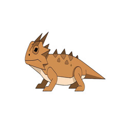Cartoon illustration of a horned lizard standing on a white background.