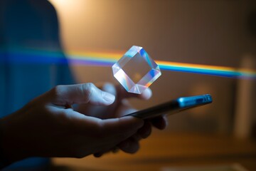 Hand holding a smartphone with a prism refracting light creating a rainbow effect demonstrating optical physics and light spectrum